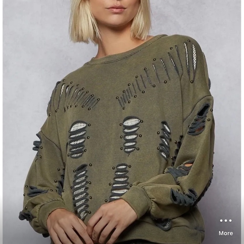 POL Olive Cutout Sweatshirt with Distressed Accents